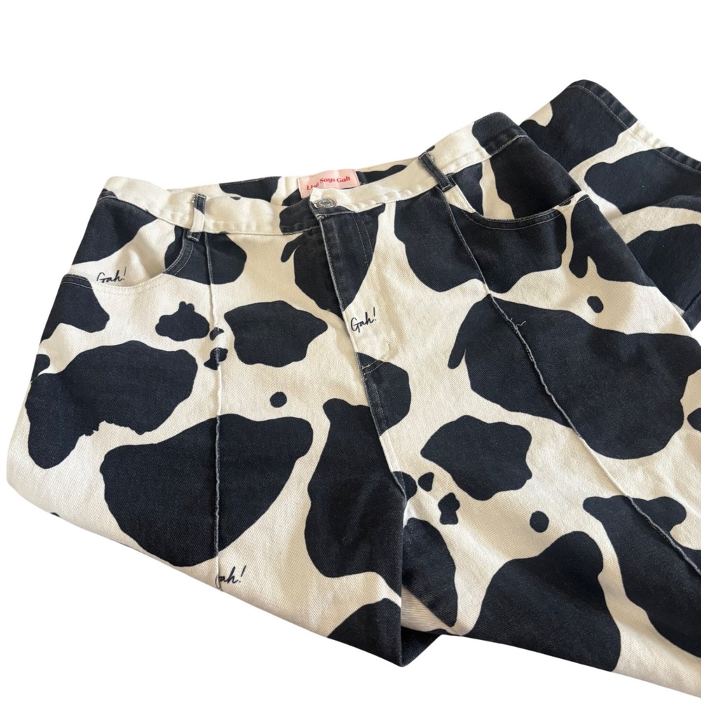 Lisa Says Gah Cow Print Robyn Wide Leg Jeans Black White High Rise 34" L